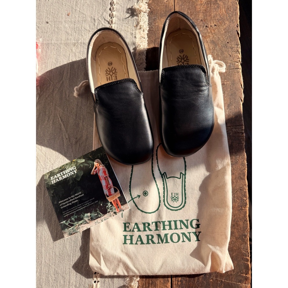Earthing Harmony Grounded Barefoot Shoes Black Leather Handcrafted Loafers 39